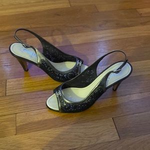 Chanel 38 black lace heels.